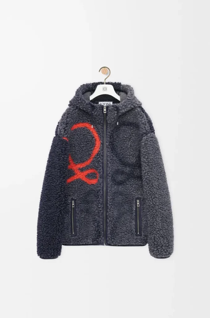 Chaqueta con capucha en mezcla de lana azul marino/naranja