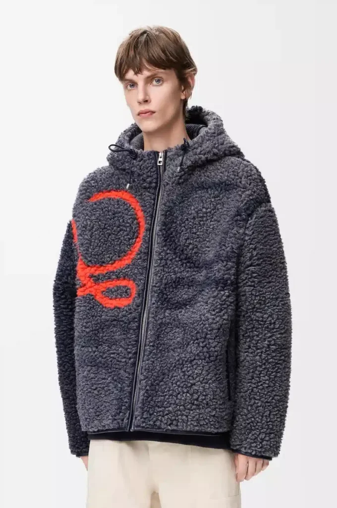 Chaqueta con capucha en mezcla de lana azul marino/naranja