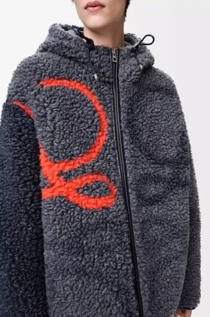 Chaqueta con capucha en mezcla de lana azul marino/naranja