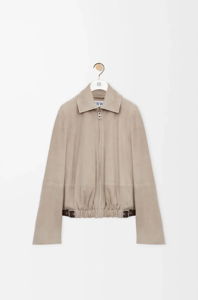 Chaqueta con cinturón de piel de cabra anteada Beige oscuro Chaqueta con cinturón de piel de cabra anteada Beige oscuro