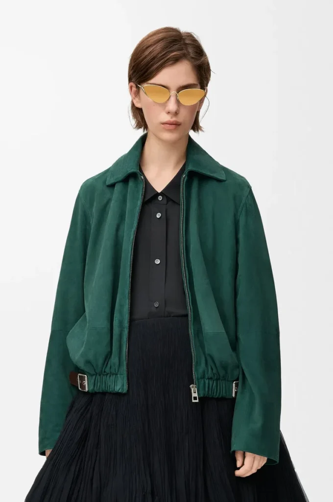 Chaqueta con cinturón de piel de cabra anteada Verde Chaqueta con cinturón de piel de cabra anteada Verde