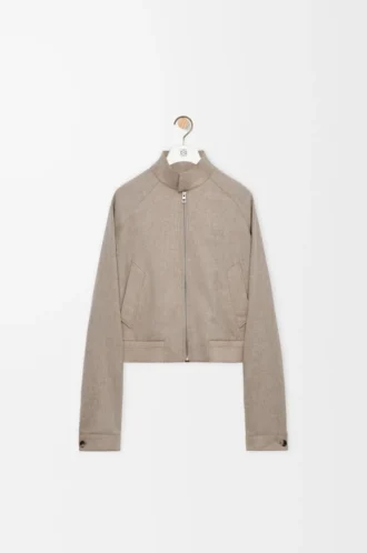 Chaqueta con cremallera de lana y cachemira, color beige jaspeado