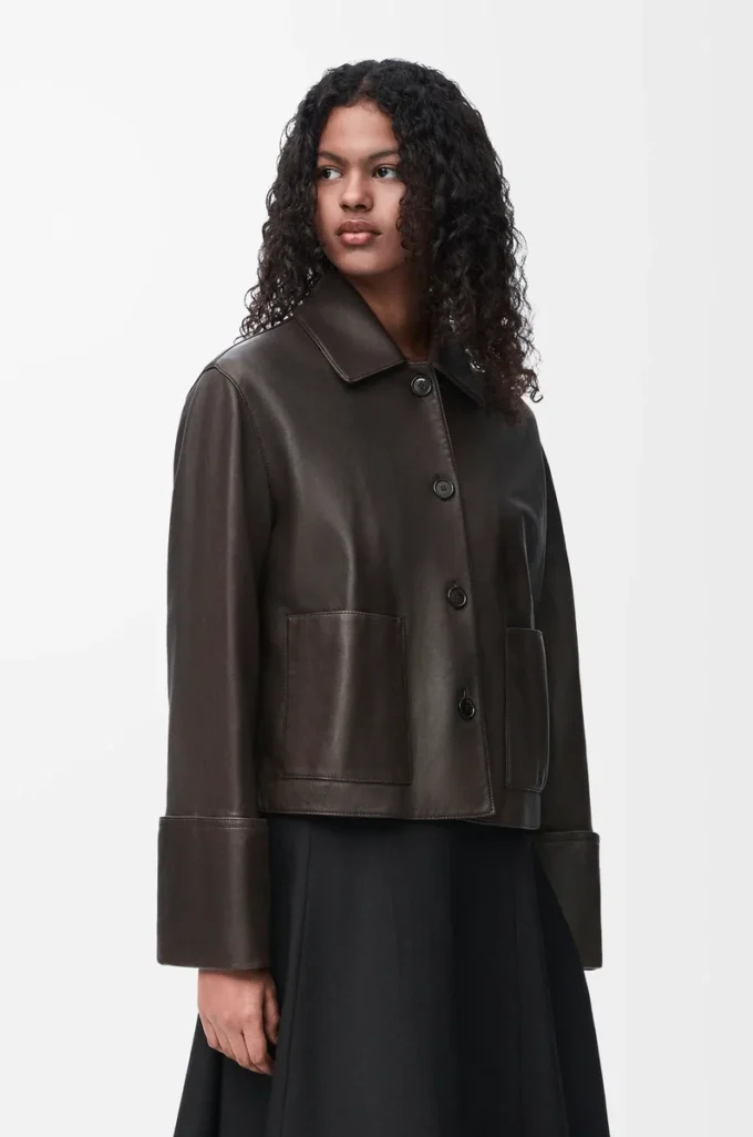 Chaqueta con solapas en piel de cordero napa Marrón Chaqueta con solapas en piel de cordero napa Marrón