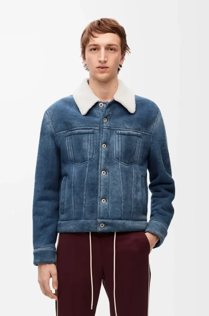 Chaqueta de piel de oveja Blanca/Azul índigo