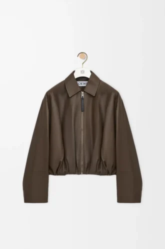 Chaqueta drapeada en piel de becerro napa verde oscuro
