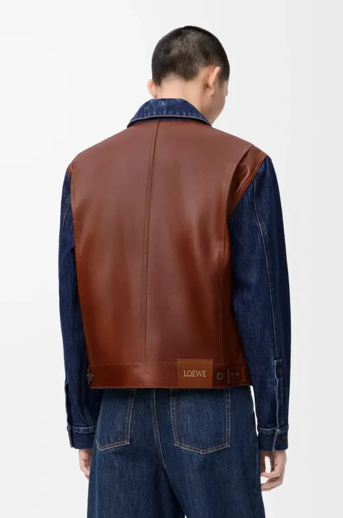 Chaqueta híbrida de denim y piel de becerro napa. Denim crudo