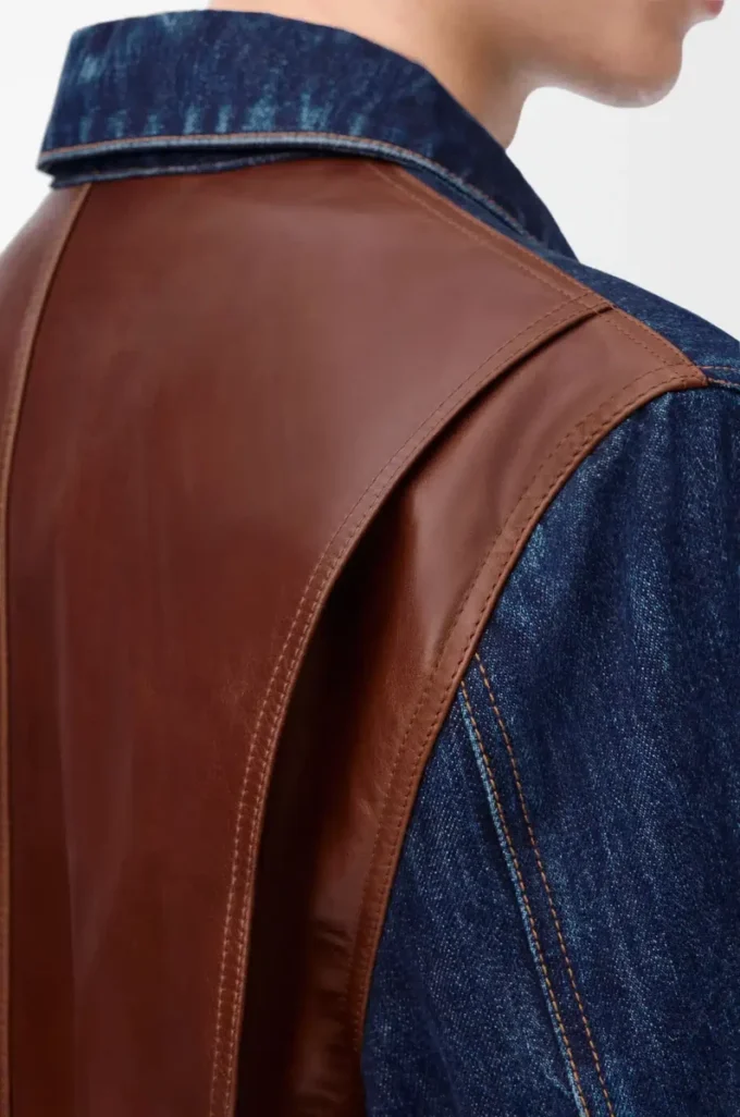 Chaqueta híbrida de denim y piel de becerro napa. Denim crudo