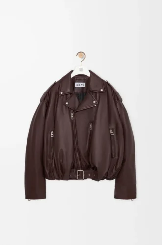 Chaqueta motera abullonada en piel de cordero napa Marrón oscuro Chaqueta motera abullonada en piel de cordero napa Marrón oscuro