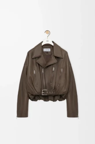 Chaqueta motera de piel de cordero napa verde caqui