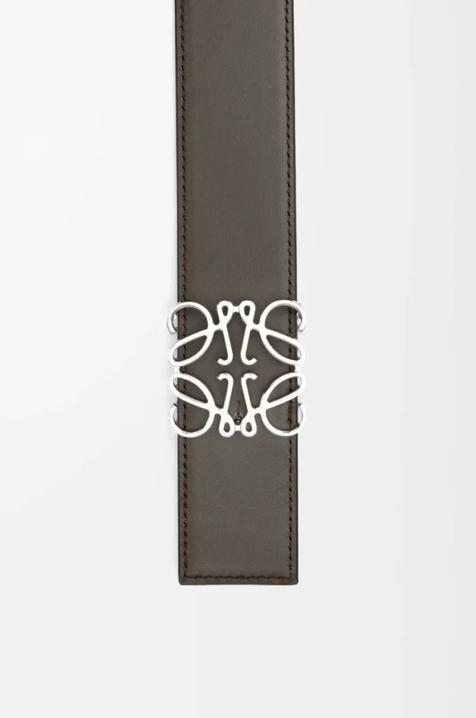 Cinturón reversible Anagram en piel de becerro lisa Gris oscuro/Cigarro oscuro/Paladio
