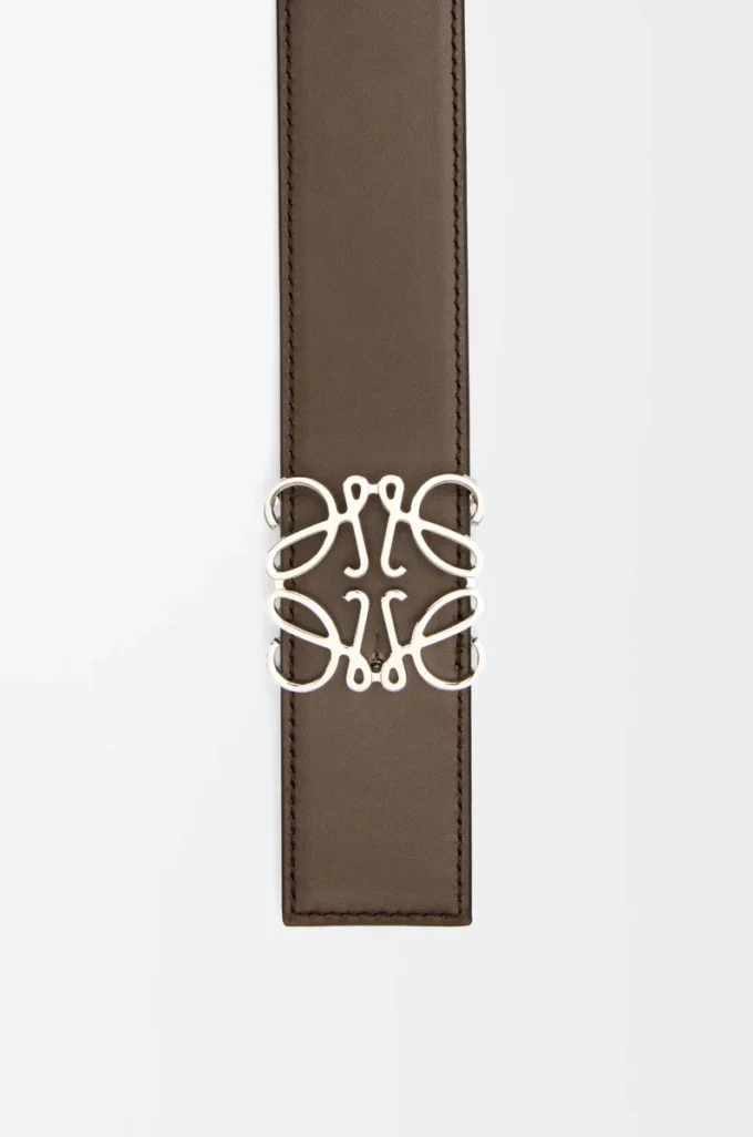 Cinturón reversible Anagram en piel de becerro lisa Gris oscuro/Cigarro oscuro/Paladio