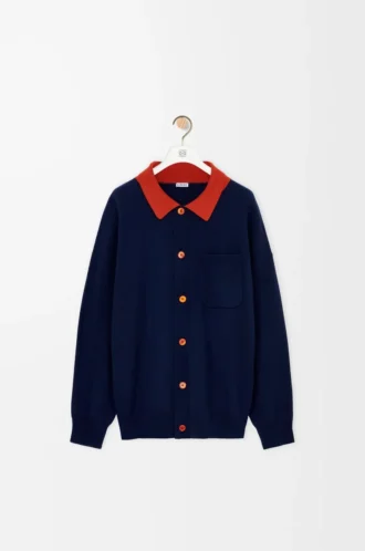 Cárdigan polo de lana azul marino/naranja