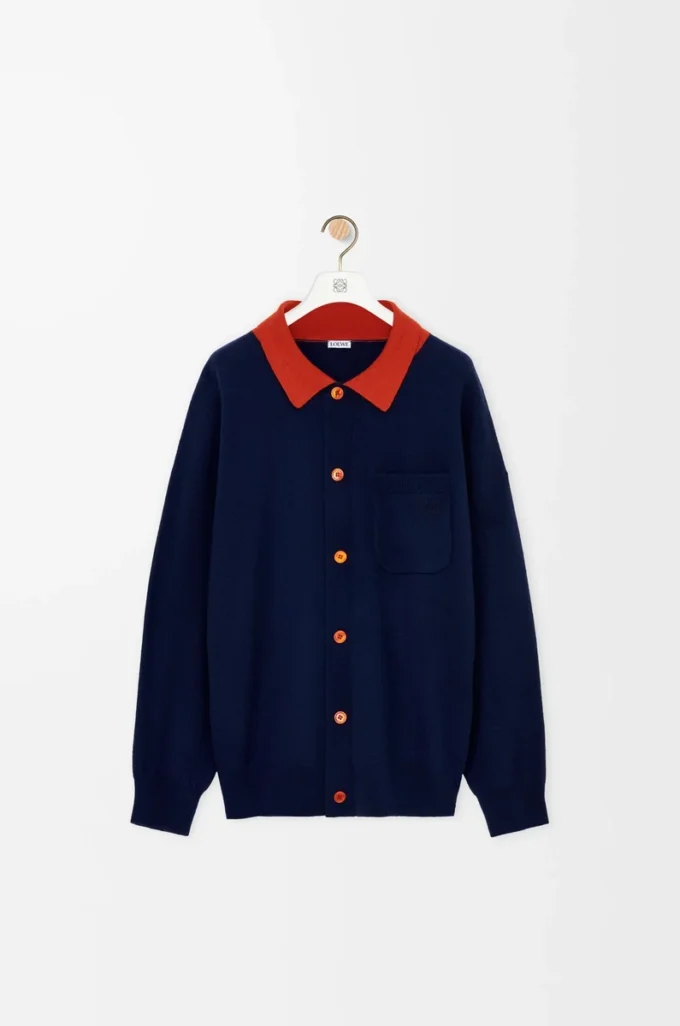 Cárdigan polo de lana azul marino/naranja