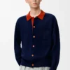 Cárdigan polo de lana azul marino/naranja
