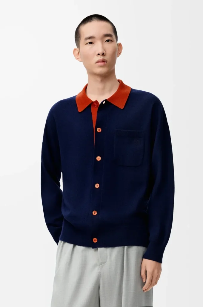 Cárdigan polo de lana azul marino/naranja