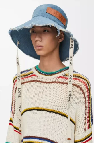 Gorro de pescador deshilachado en denim y piel de becerro Denim azul Gorro de pescador deshilachado en denim y piel de becerro Denim azul