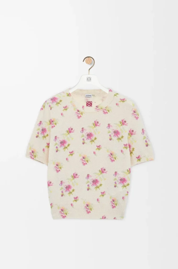 Jersey de manga corta en mezcla de algodón Blanco/Rosa Jersey de manga corta en mezcla de algodón Blanco/Rosa