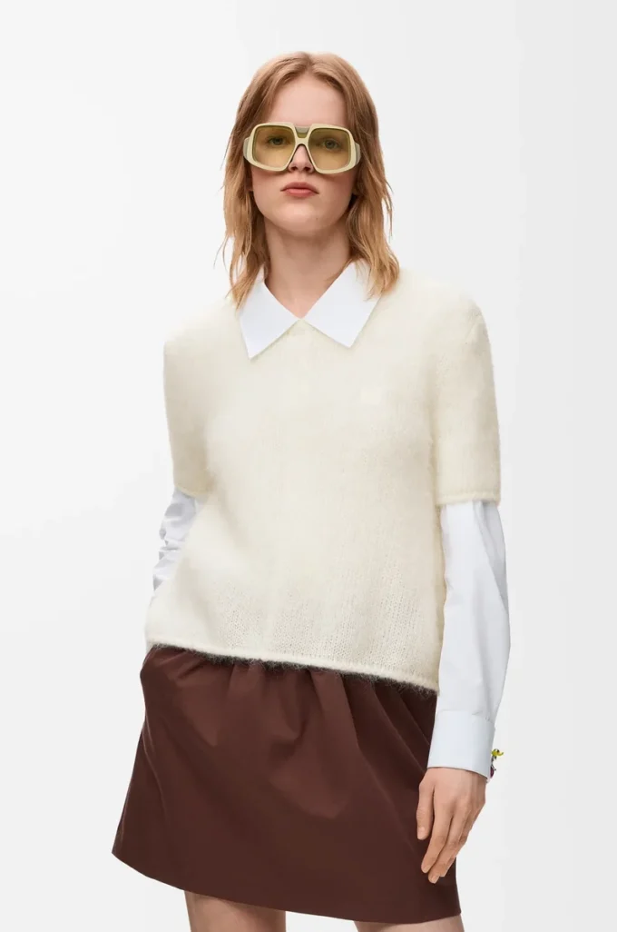 Jersey de manga corta en mezcla de mohair Blanco Jersey de manga corta en mezcla de mohair Blanco