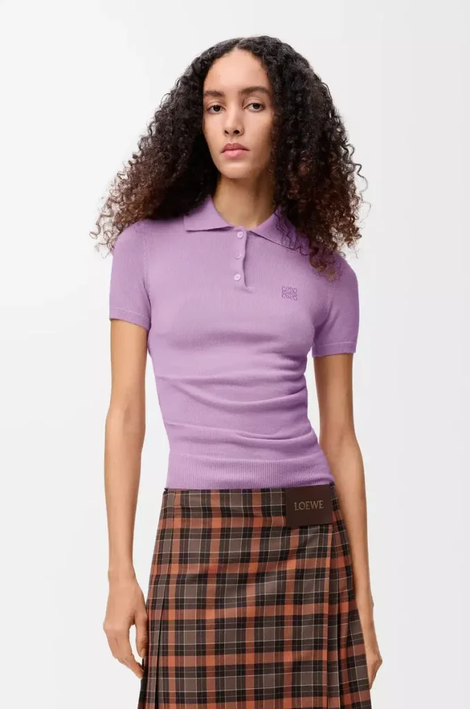 Jersey polo de manga corta en cachemira y seda Lila