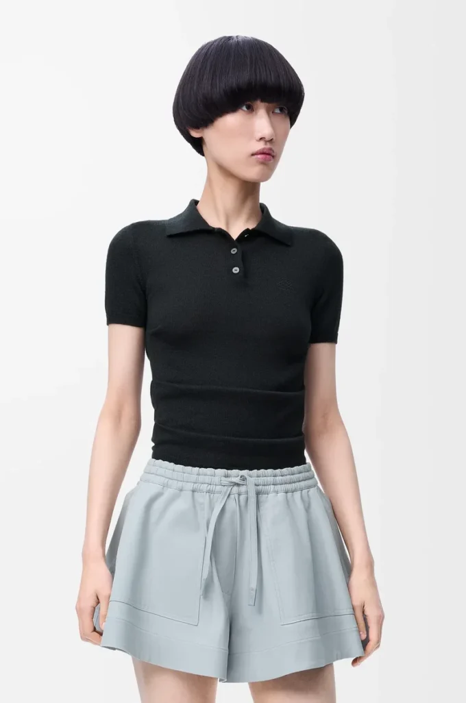 Jersey polo de manga corta en cachemira y seda Negro