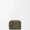 Mini bolso bandolera para cámara en piel de becerro granulada suave color verde caqui