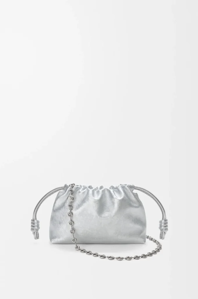 Mini bolso Flamenco en piel de becerro con estampado moiré Plata