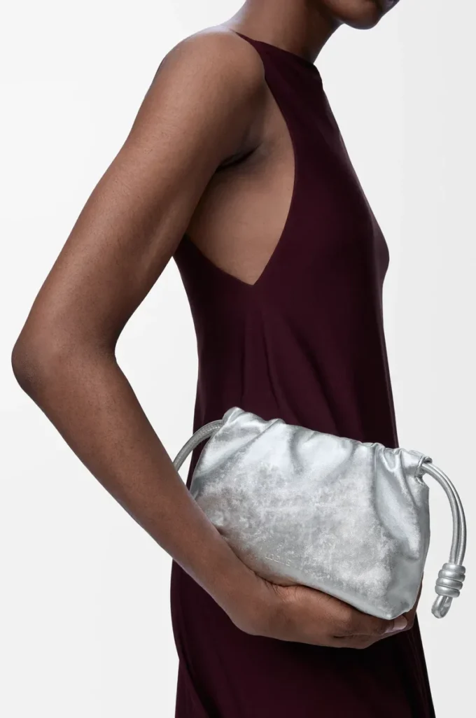 Mini bolso Flamenco en piel de becerro con estampado moiré Plata