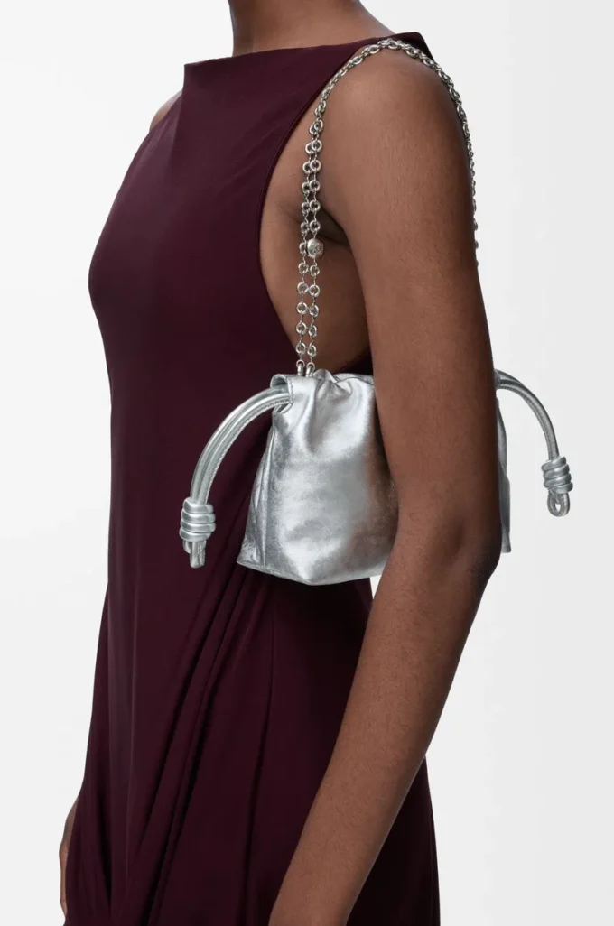 Mini bolso Flamenco en piel de becerro con estampado moiré Plata