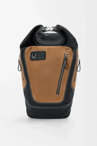 Mochila Flex con cierre enrollable en lona y ante Negro/Oro oscuro
