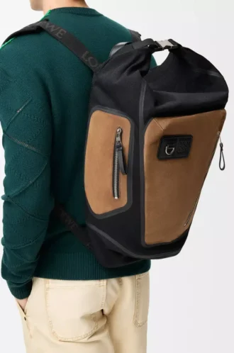 Mochila Flex con cierre enrollable en lona y ante Negro/Oro oscuro