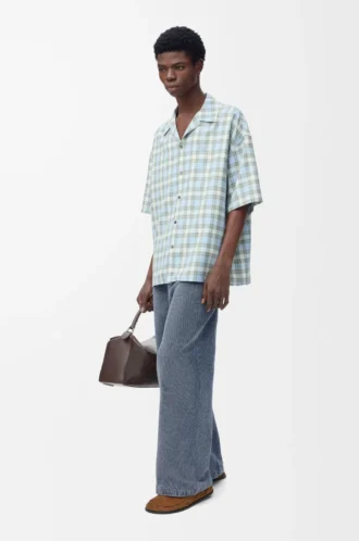 Pantalones con cordón ajustable de algodón y lino Gris azulado