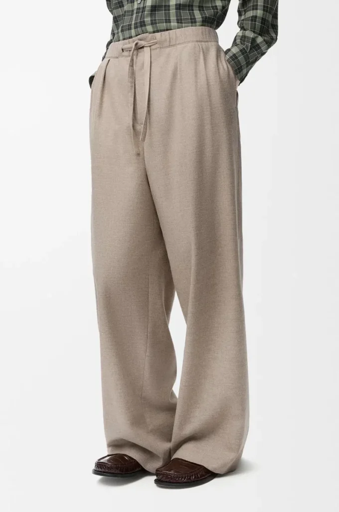 Pantalones con cordón ajustable de lana y cachemira Beige Melange
