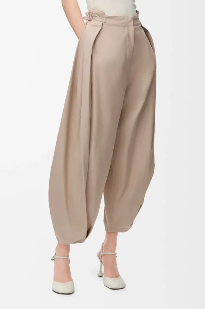 Pantalones drapeados de algodón y seda Beige Pantalones drapeados de algodón y seda Beige