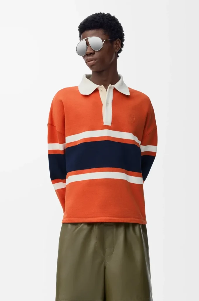 Polo de manga larga de algodón Naranja/Azul marino
