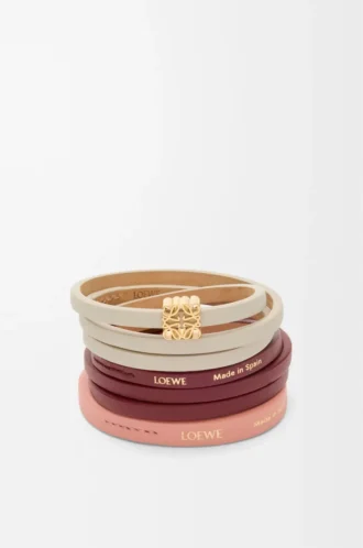 Pulsera doble trenzada en piel de becerro Light Ghost/Burgundy