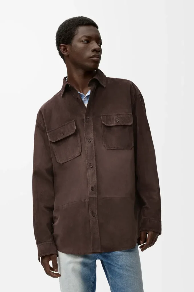 Sobrecamisa de piel de becerro ante marrón oscuro