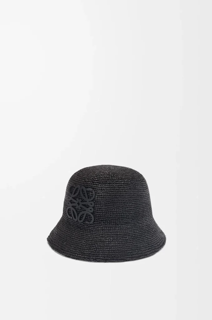 Sombrero de pescador de rafia y piel de becerro Negro