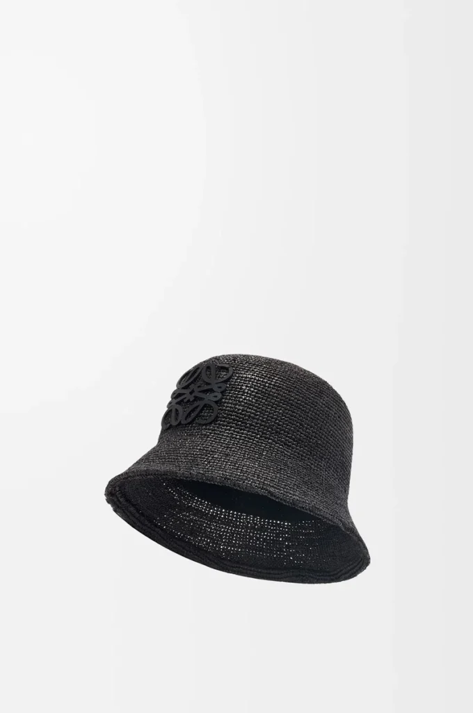 Sombrero de pescador de rafia y piel de becerro Negro