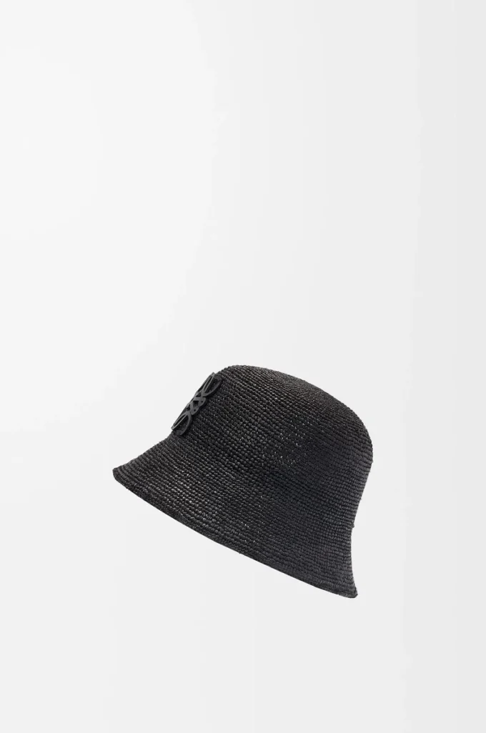 Sombrero de pescador de rafia y piel de becerro Negro