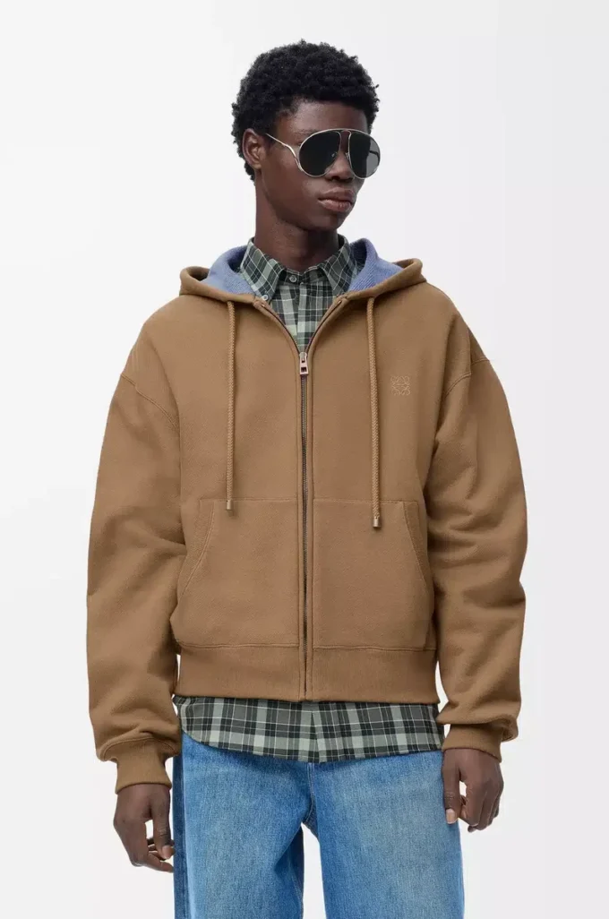 Sudadera con capucha y cremallera en algodón beige/azul Sudadera con capucha y cremallera en algodón beige/azul
