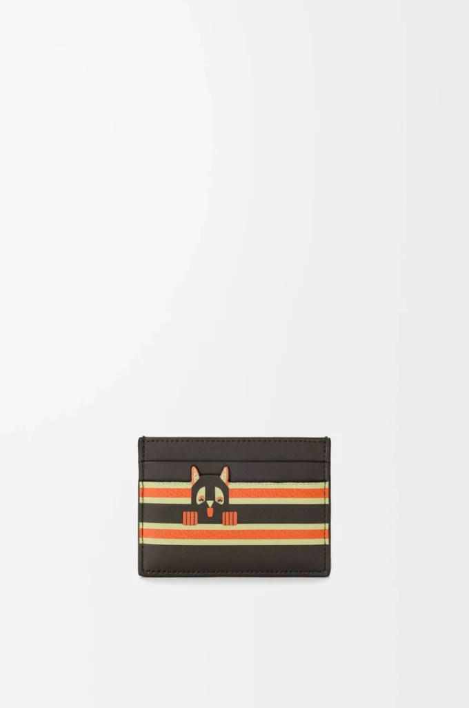 Tarjetero liso Futurist Cat en piel de becerro clásica Dark Taupe/Orange