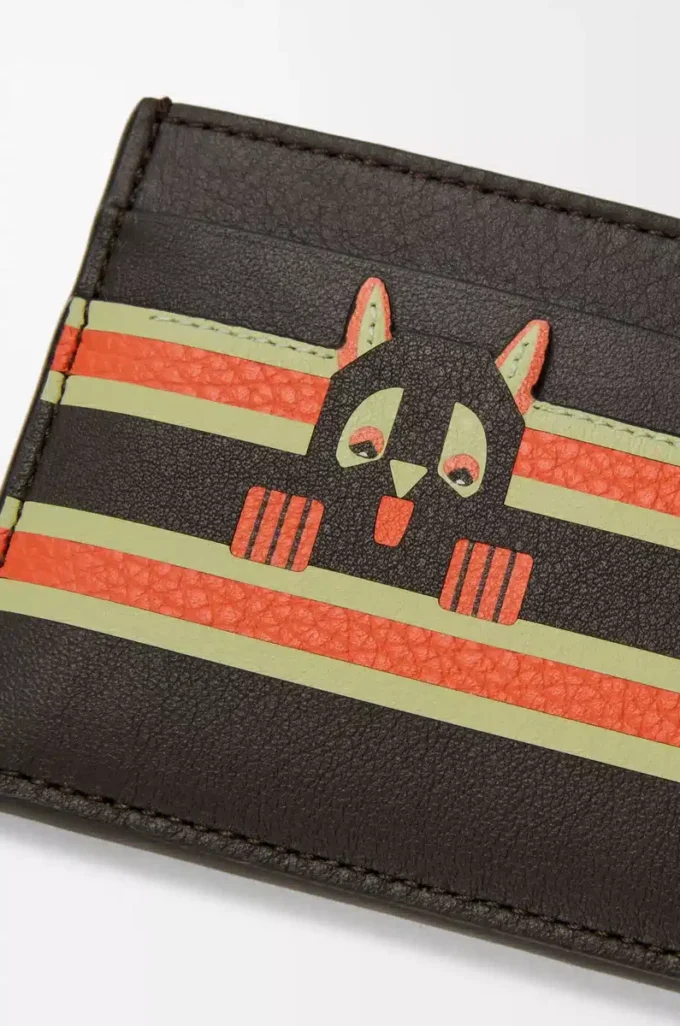 Tarjetero liso Futurist Cat en piel de becerro clásica Dark Taupe/Orange