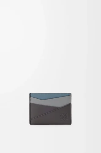 Tarjetero liso Puzzle en piel de becerro clásica gris asfalto/azul tormenta