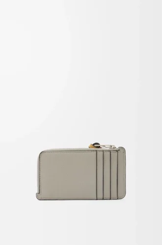 Tarjetero monedero en piel de becerro granulada suave Shell Grey/Eucalyptus