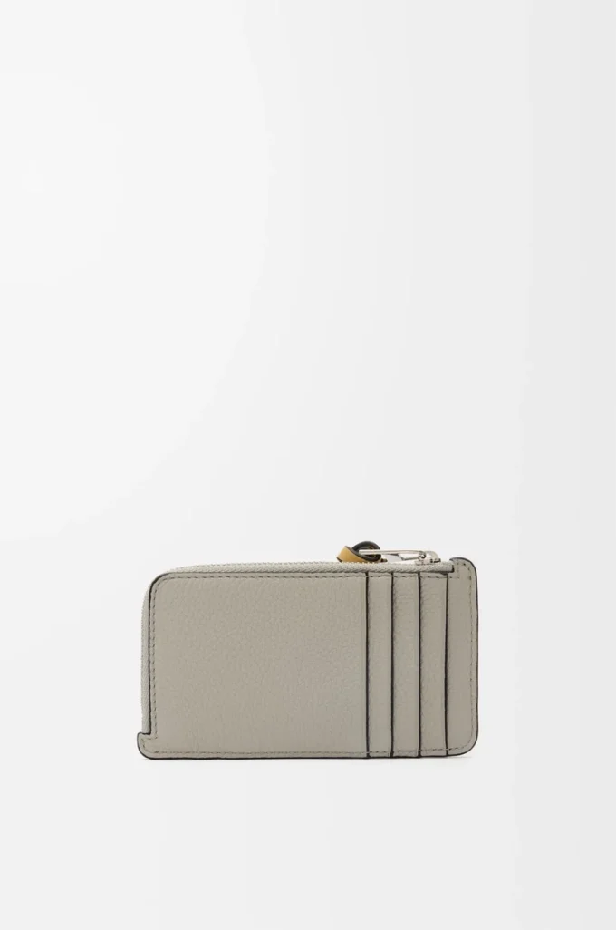 Tarjetero monedero en piel de becerro granulada suave Shell Grey/Eucalyptus
