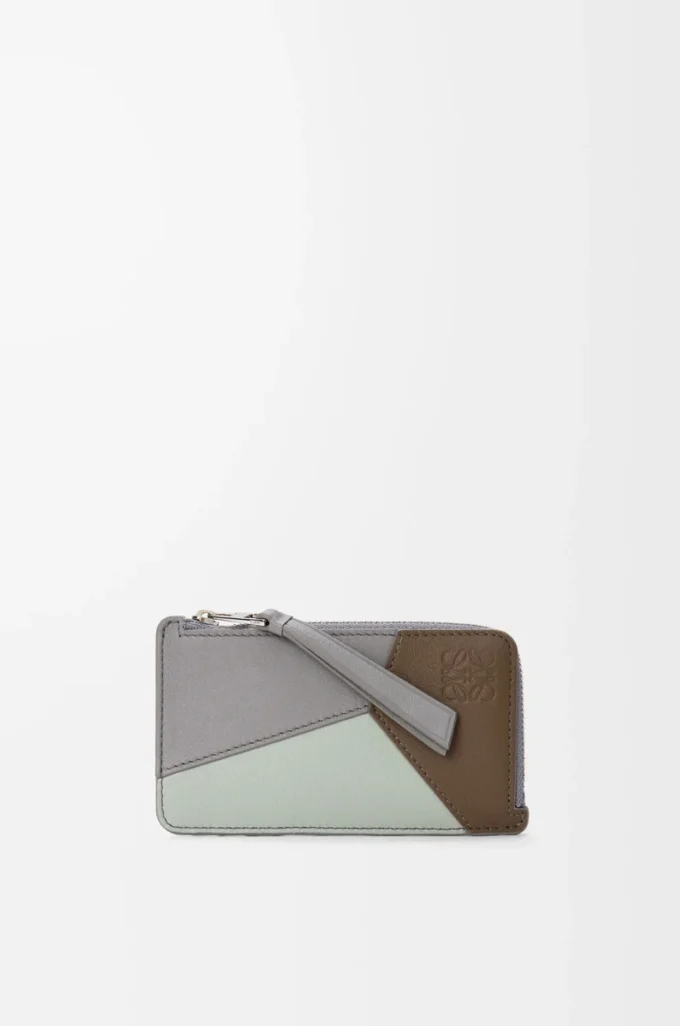 Tarjetero monedero Puzzle en piel de becerro clásica marrón invierno/gris ceniza