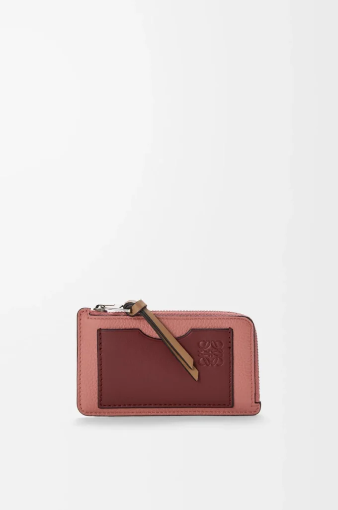 Tarjetero para monedas en piel de becerro granulada suave Blush/Mahogany