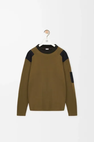 Top de manga larga en mezcla de algodón caqui/negro